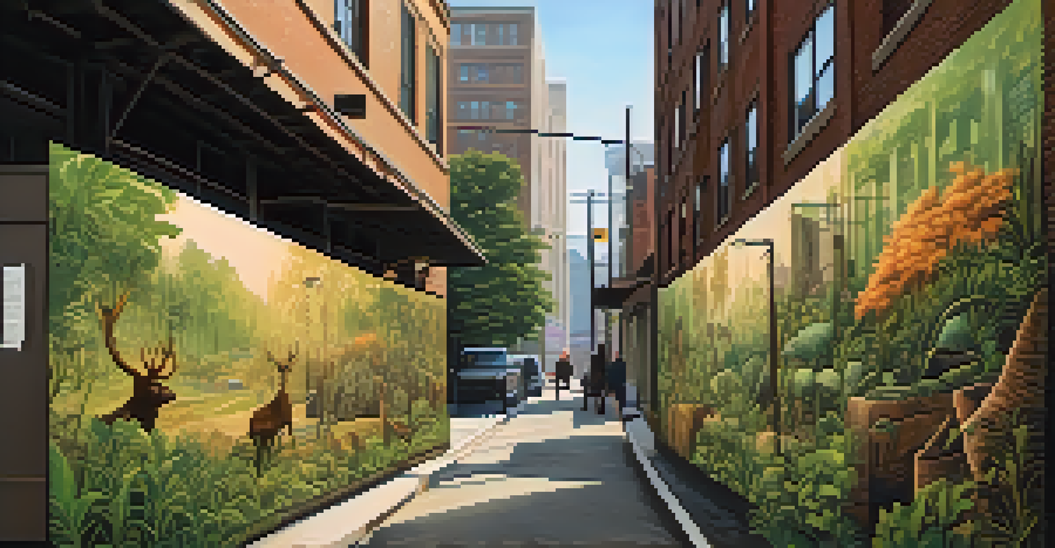 An urban alleyway featuring a large mural that highlights environmental issues with imagery of deforestation and wildlife.