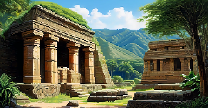 A view of the ancient ruins of Sipán in the Lambayeque Valley, showcasing stone structures and lush greenery under a clear blue sky.