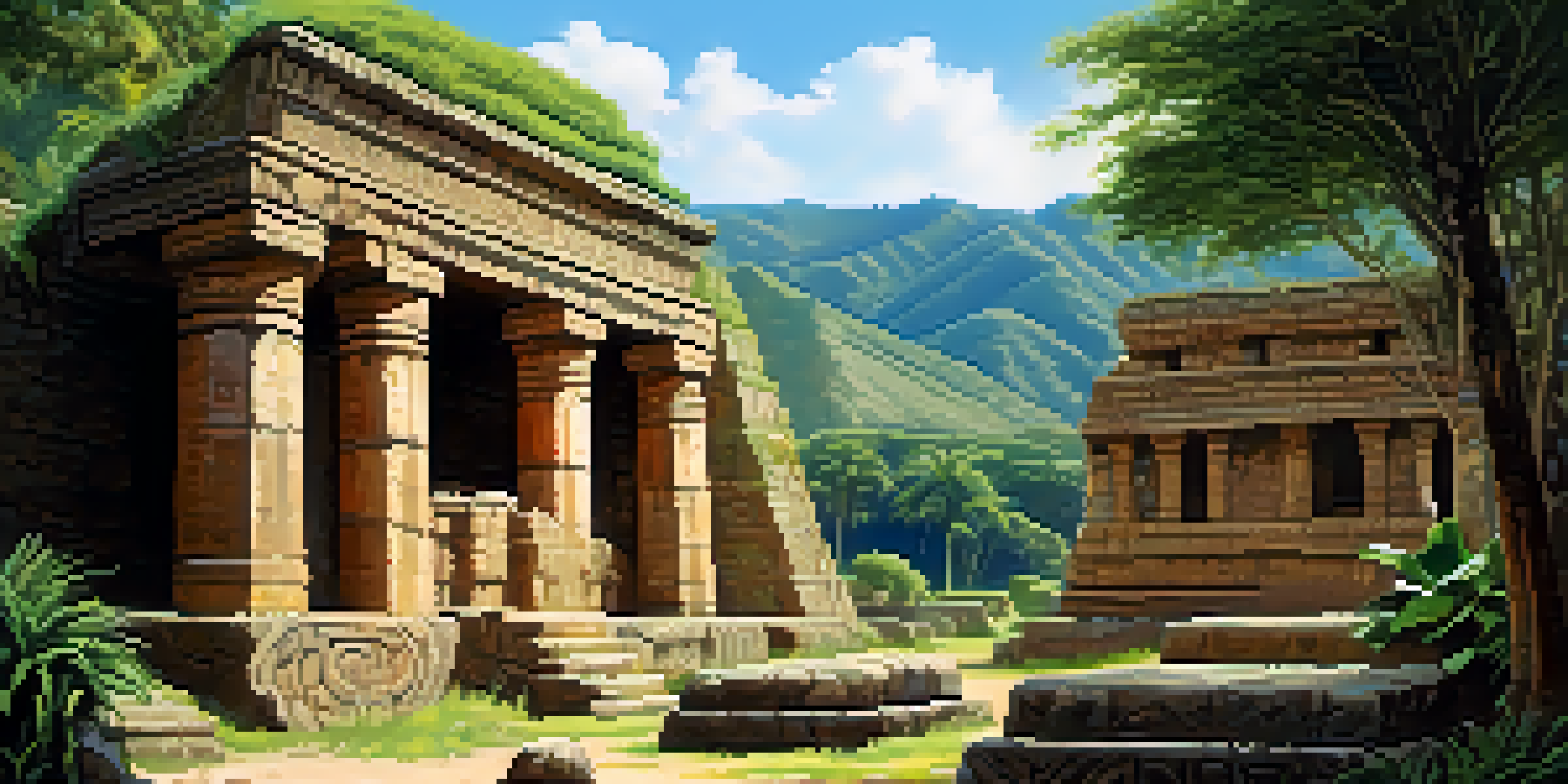 A view of the ancient ruins of Sipán in the Lambayeque Valley, showcasing stone structures and lush greenery under a clear blue sky.
