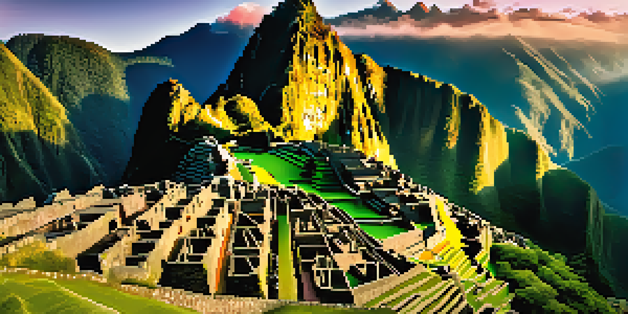 Aerial view of Machu Picchu at sunrise with golden light illuminating ancient structures and misty green mountains.