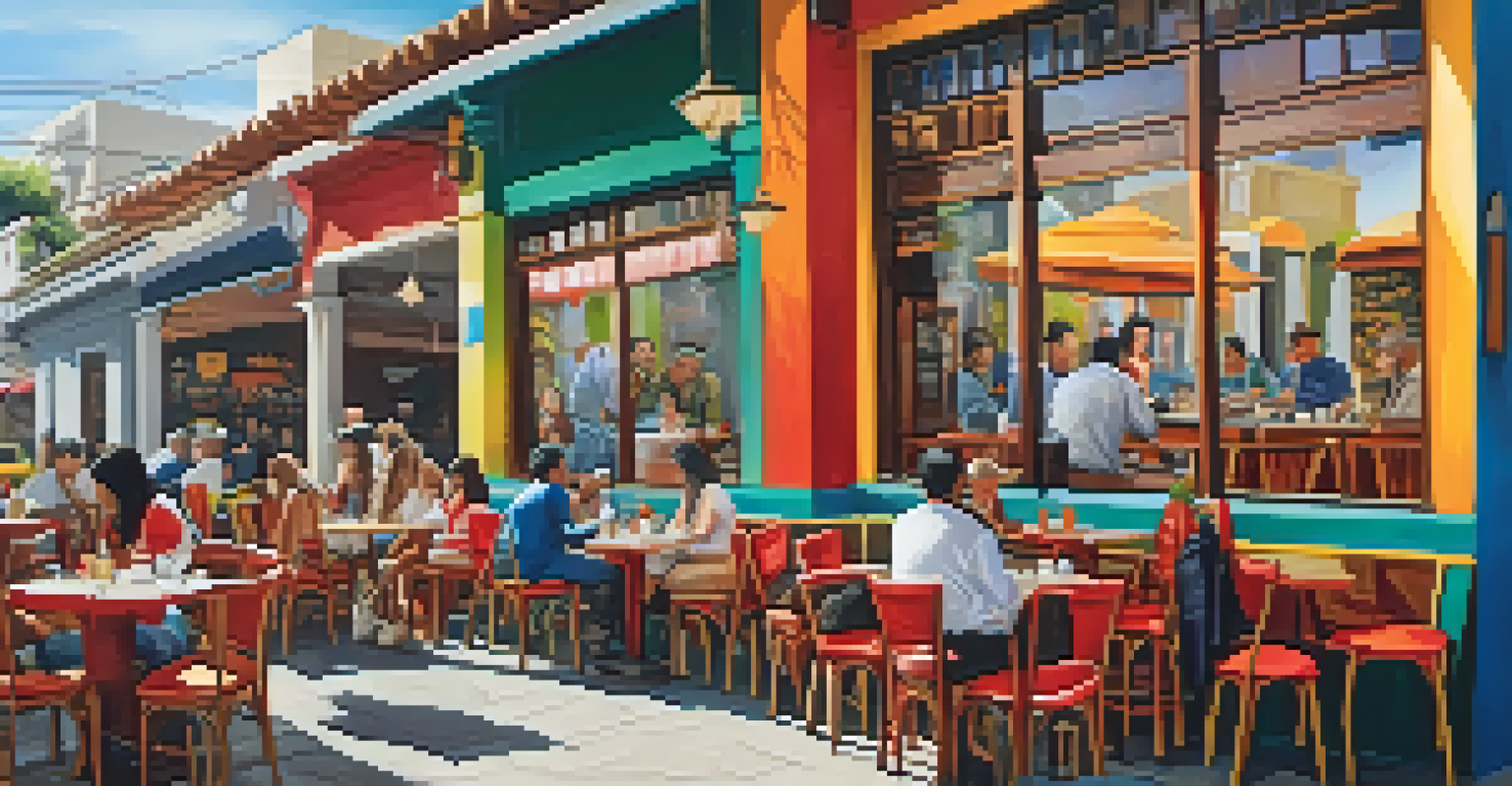 A charming outdoor café in Barranco featuring traditional Peruvian cuisine, with colorful murals and patrons enjoying their meals.