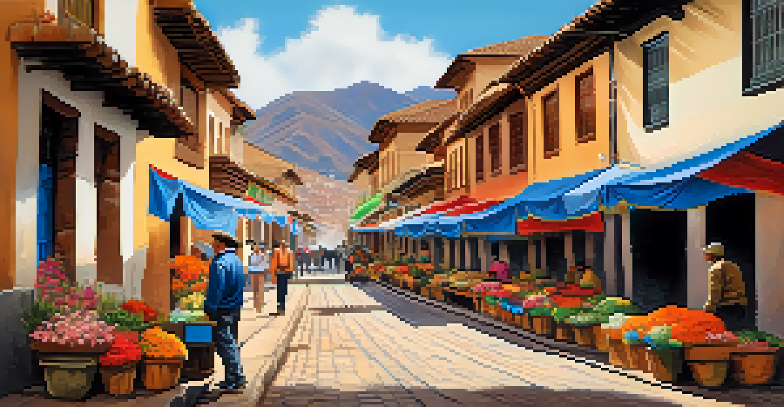 A vibrant street scene in Cusco with colorful buildings, street vendors, and tourists enjoying the atmosphere.