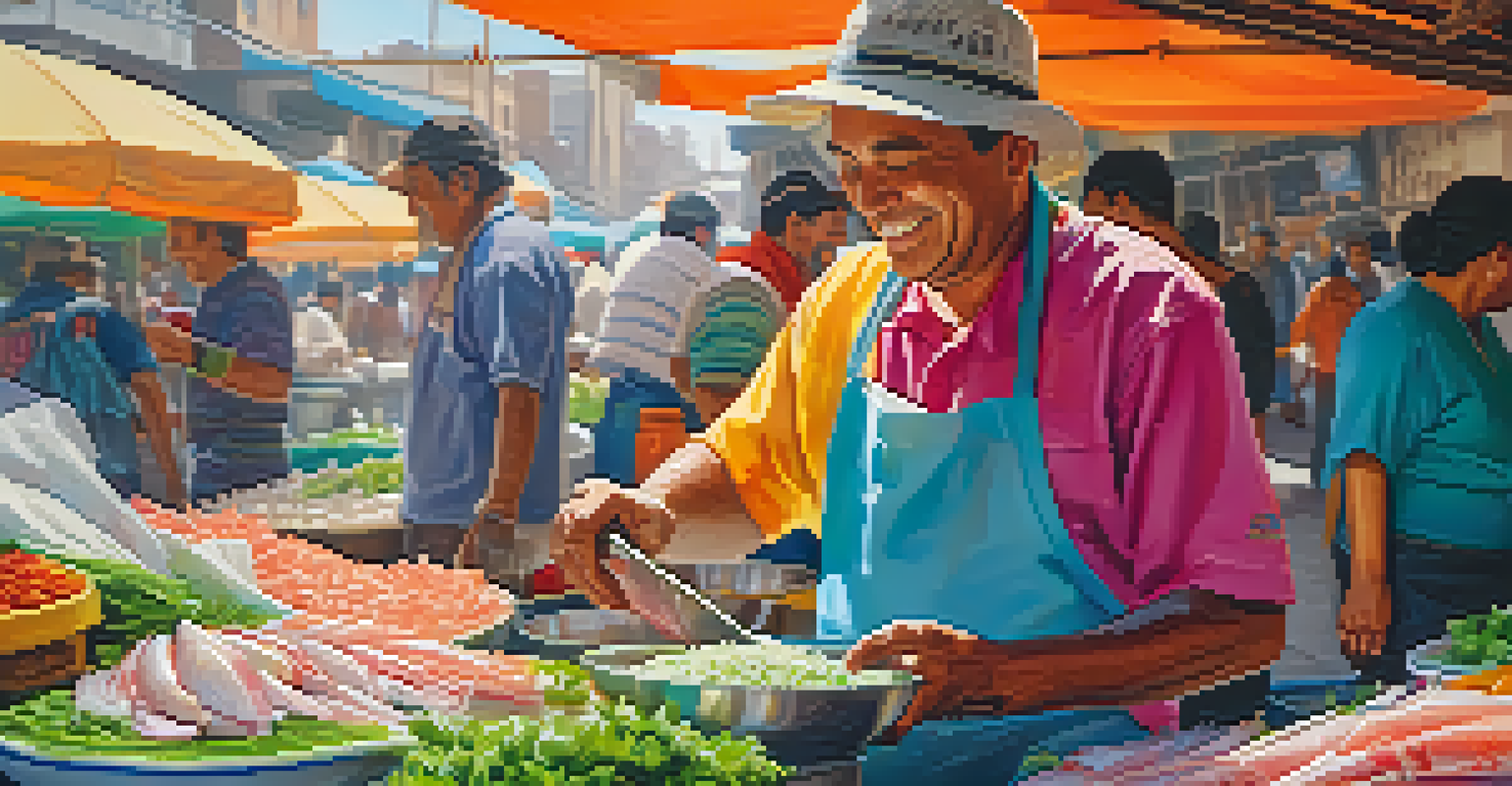 A street vendor making ceviche with fresh fish and colorful ingredients at a lively Peruvian market, illuminated by bright daylight.