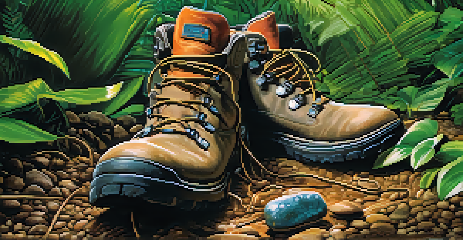 Close-up of muddy hiking boots on a rocky trail surrounded by tropical plants in the Peruvian Amazon.