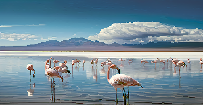 A wide view of Salar de Uyuni reflecting the sky with flamingos in shallow water.