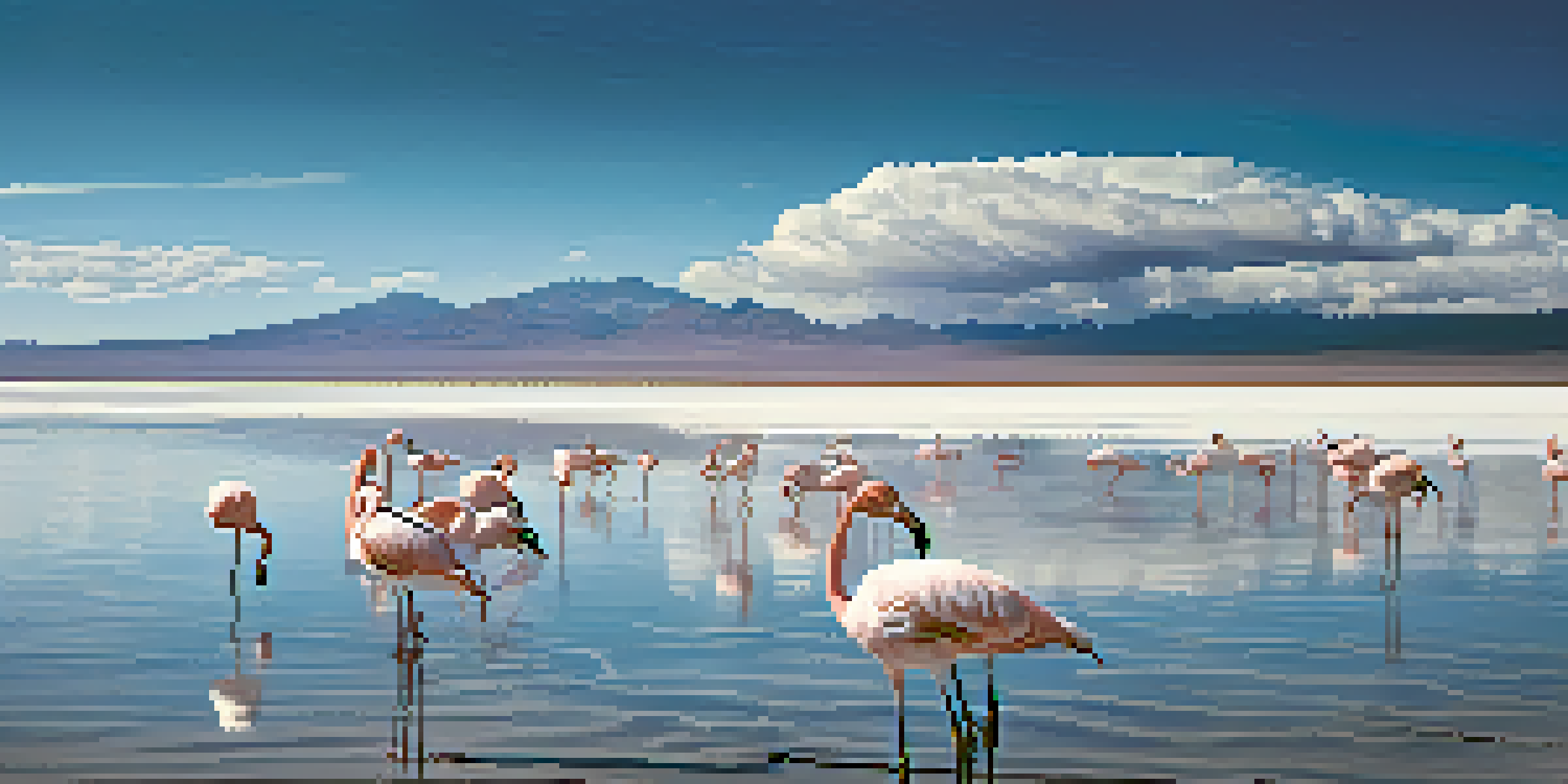 A wide view of Salar de Uyuni reflecting the sky with flamingos in shallow water.