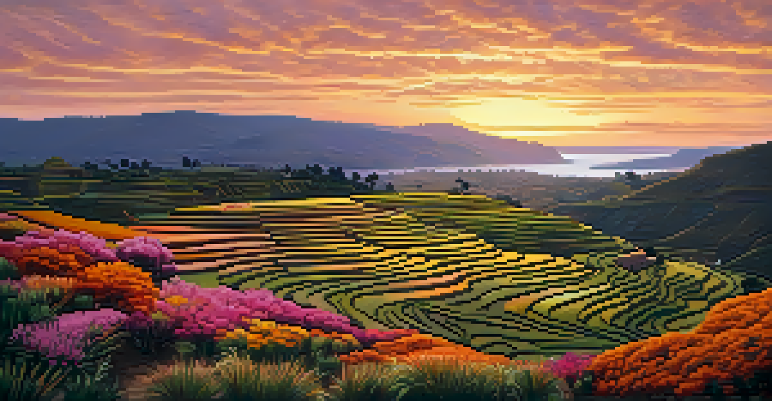 Sunset over Moray with terraced fields bathed in golden light, and a sky filled with hues of orange and pink, surrounded by native Andean flora.