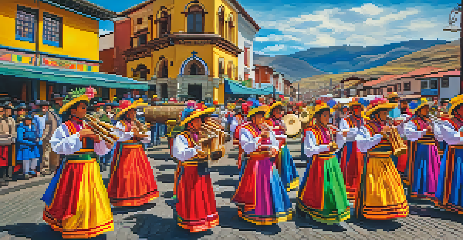 Musicians and dancers in colorful costumes participating in the Virgen de la Candelaria festival in Puno, Peru, in front of a decorated church.
