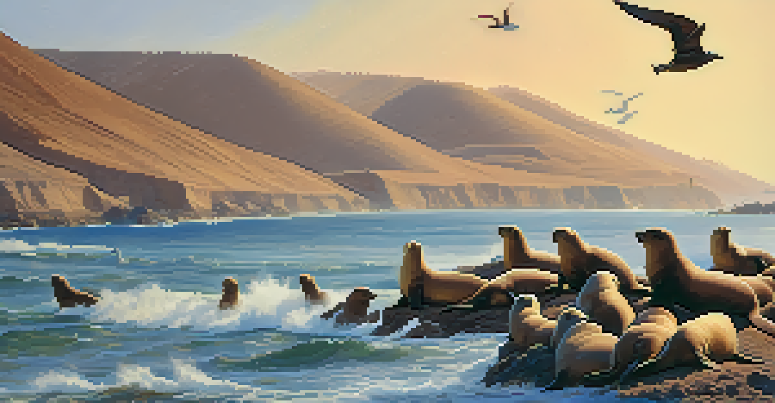 A coastal scene at Paracas National Reserve with sea lions on the shore and migratory birds flying overhead during sunset, showcasing the desert landscape meeting the ocean.