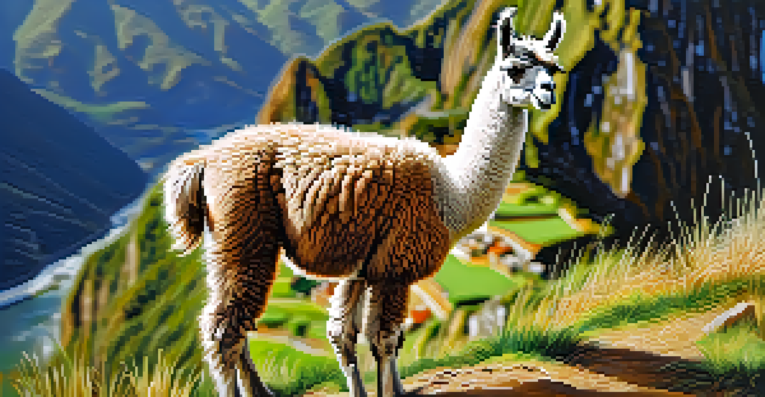 A close-up of a llama with expressive eyes on the Inca Trail, set against the backdrop of the Andes mountains.