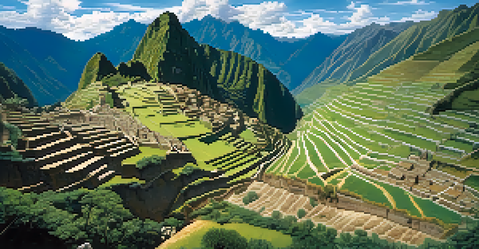 An aerial view of ancient Inca trade routes in the Andes mountains, showcasing terraced fields and villages.