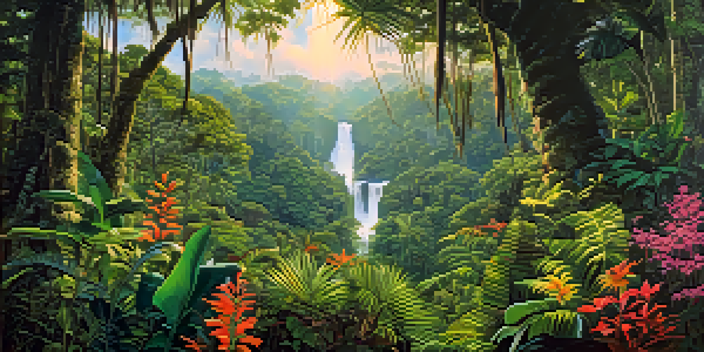 A lush Amazon rainforest scene with diverse trees, colorful flowers, and sunlight filtering through the canopy.