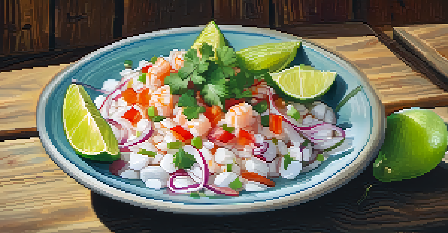 Close-up of ceviche dish with fresh fish and colorful ingredients.
