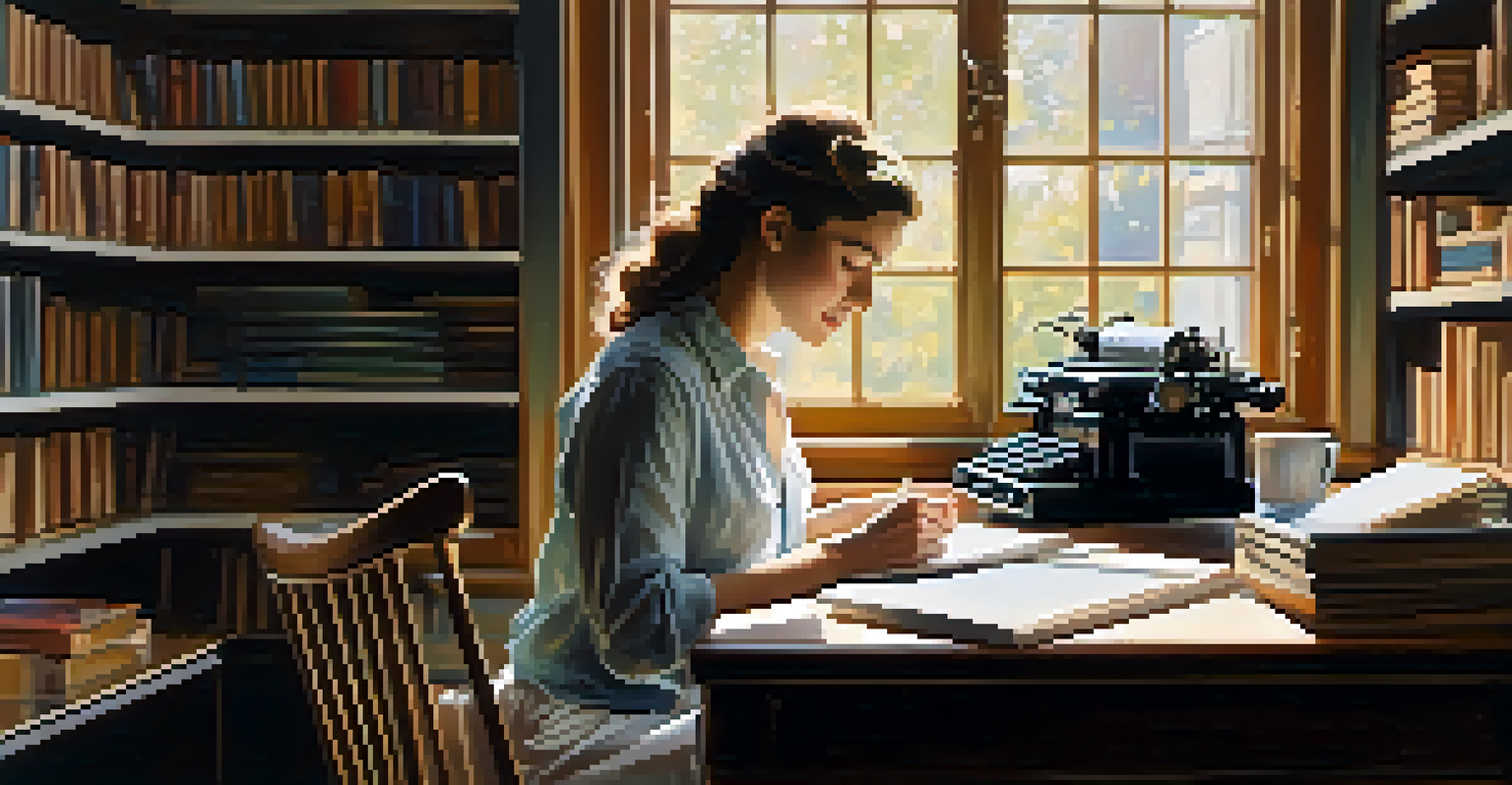 A female author writing at a wooden desk with bookshelves in the background, natural light illuminating her focused expression.