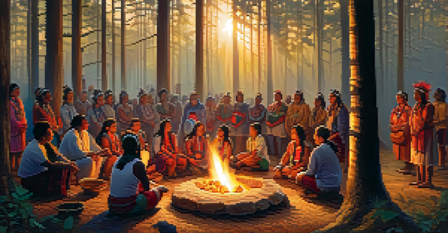 An Indigenous ceremony in the Amazon forest, featuring community members around a fire with decorations and instruments, illuminated by the setting sun.