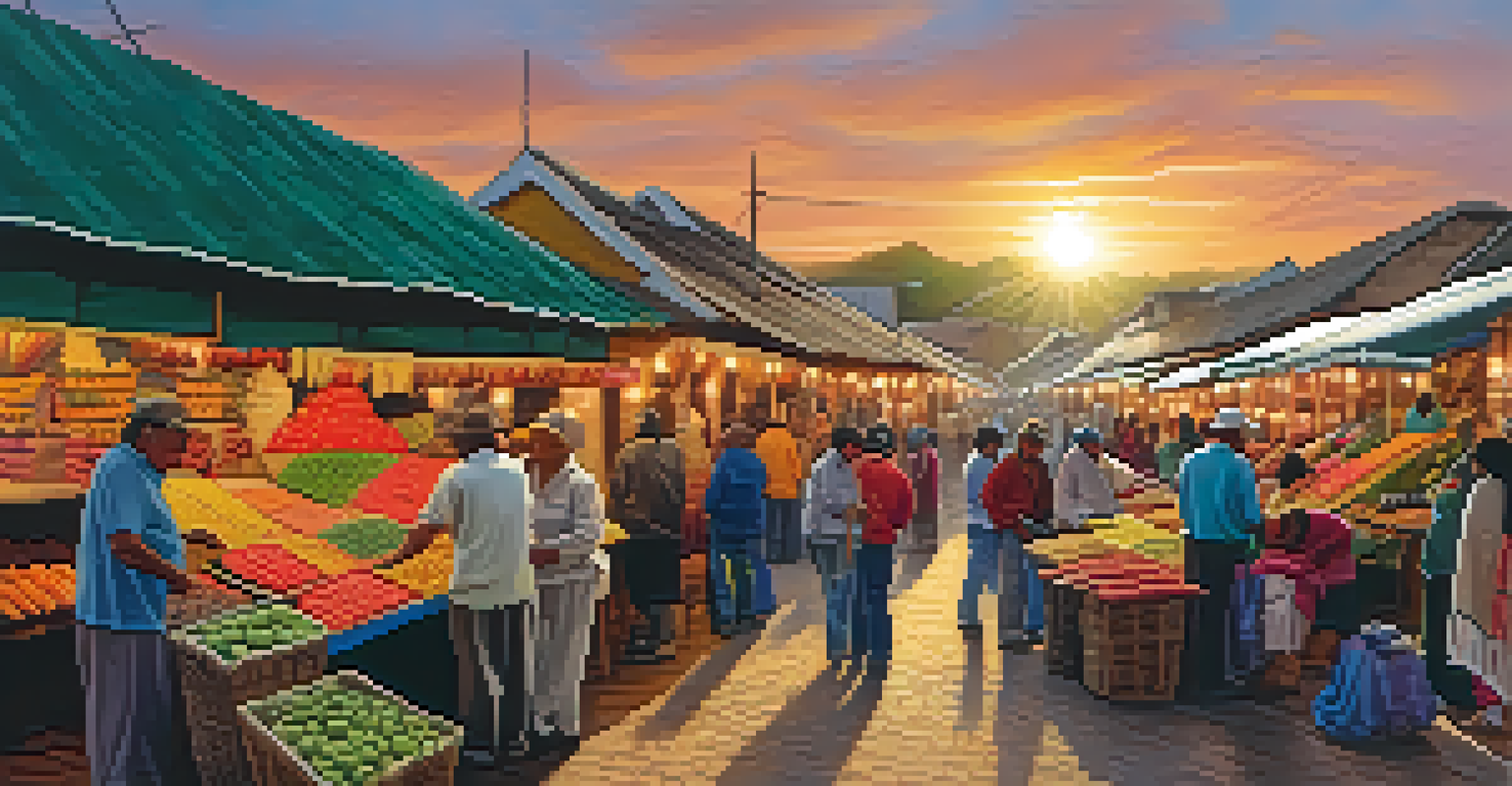 A lively market in a Peruvian community with tourists engaging with local artisans, filled with colorful crafts and produce.