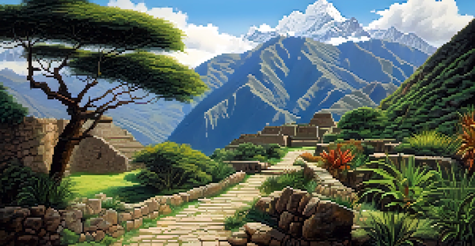 A scenic view of the Inca Trail with the Andes Mountains in the background and lush greenery in the foreground.