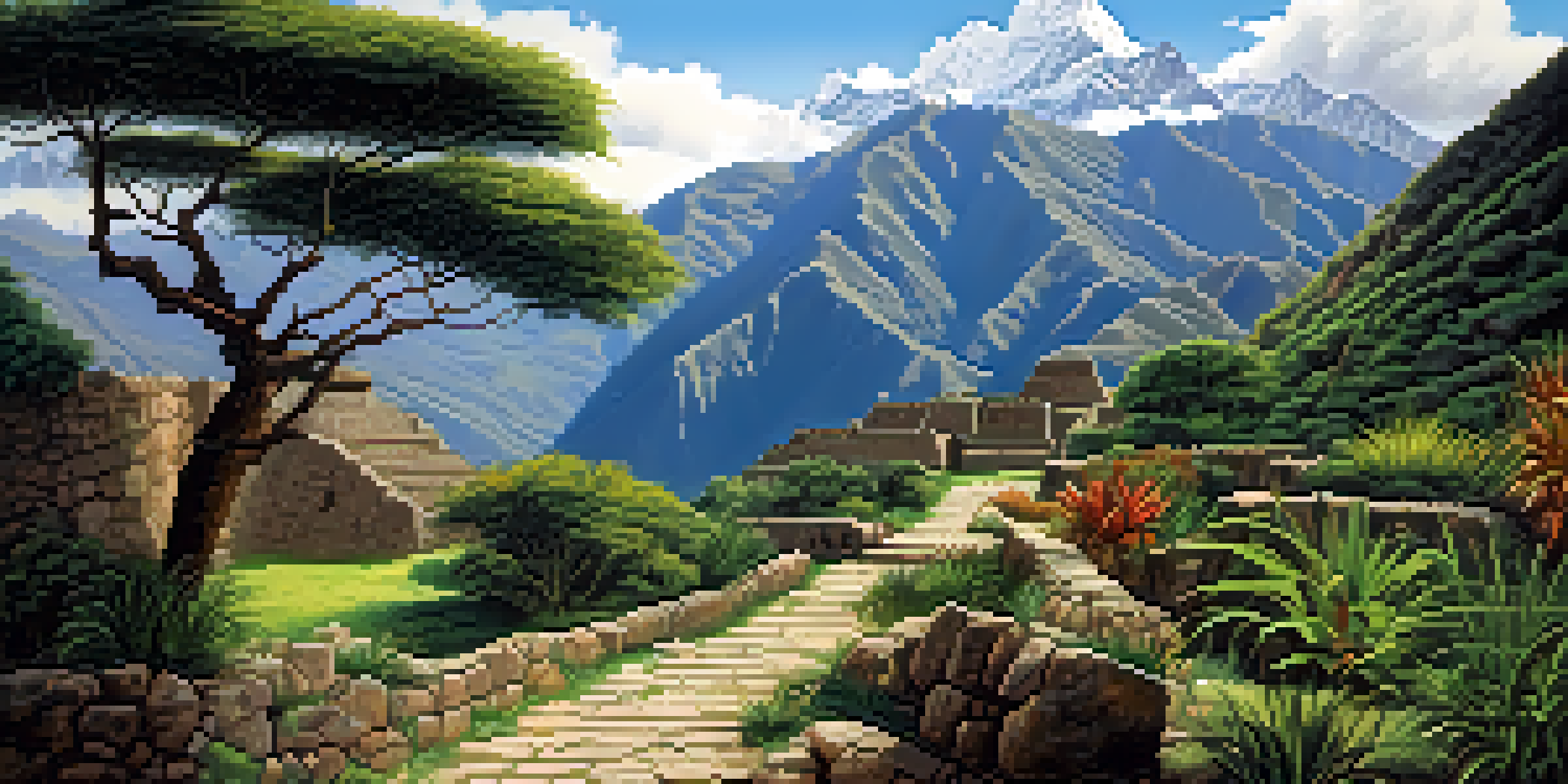 A scenic view of the Inca Trail with the Andes Mountains in the background and lush greenery in the foreground.