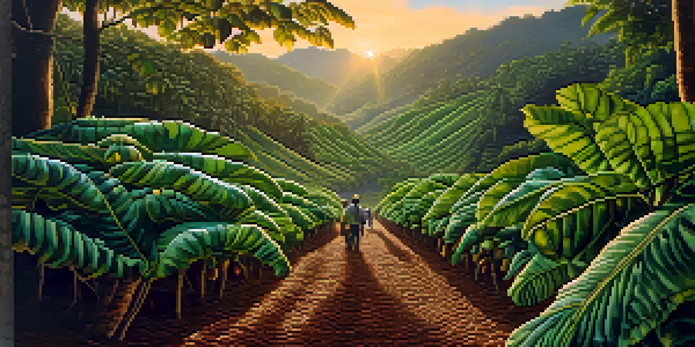 A lush Peruvian cacao farm at sunrise, with farmers harvesting cacao pods amidst vibrant green foliage.