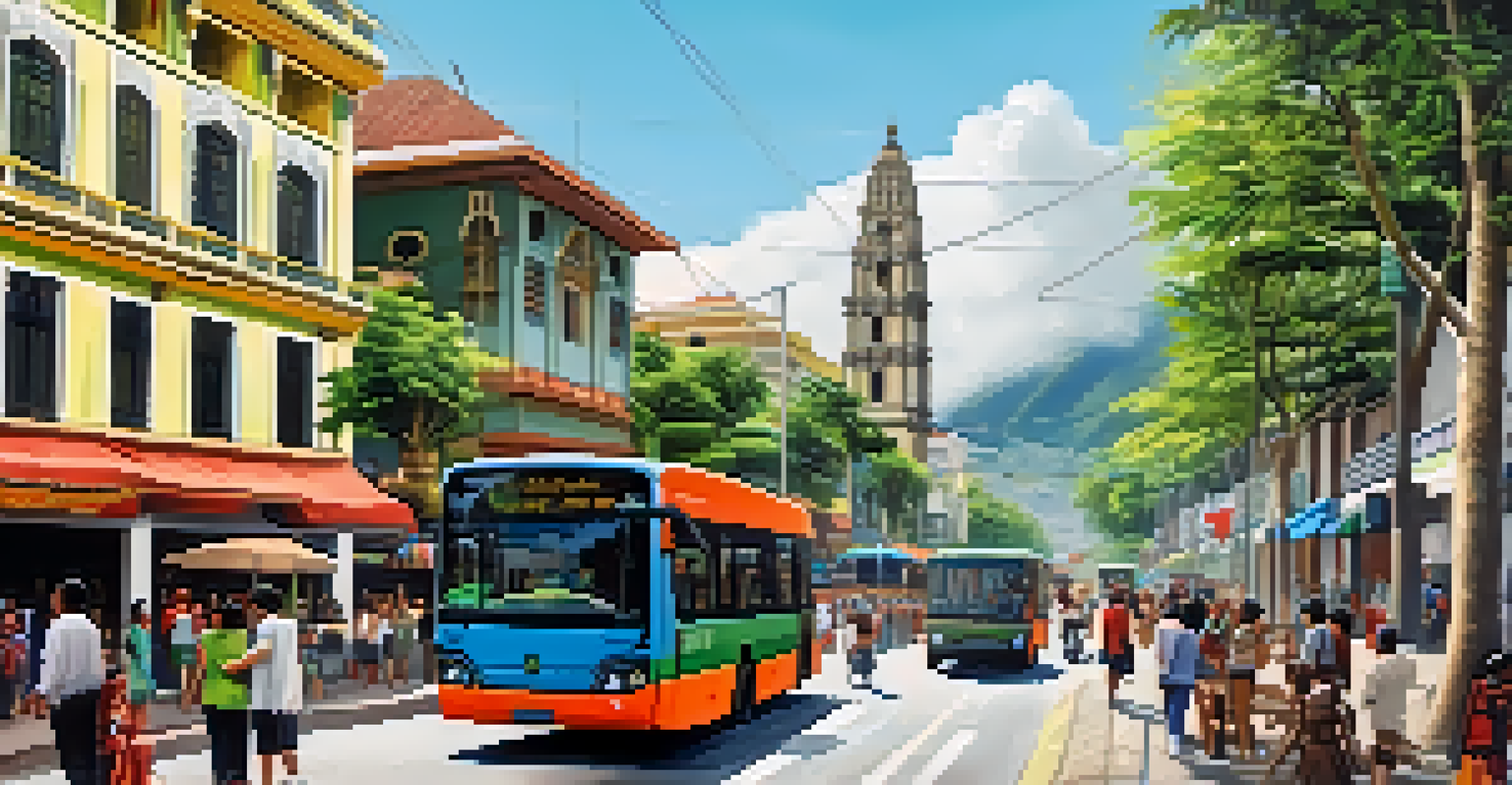A pedestrian-friendly street in Peru with low-floor buses and wide sidewalks, surrounded by greenery and locals enjoying the atmosphere.