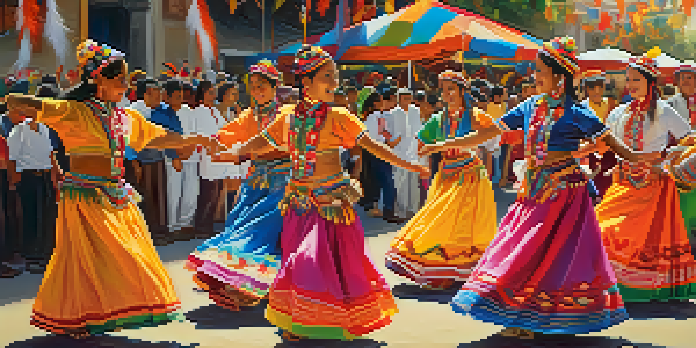 A lively Peruvian festival with dancers in colorful costumes, surrounded by a festive crowd and traditional food stalls under warm sunlight.