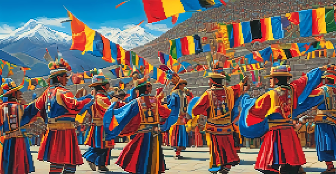 Performers in colorful costumes celebrate the Inti Raymi festival in Cusco, surrounded by the Andes mountains.