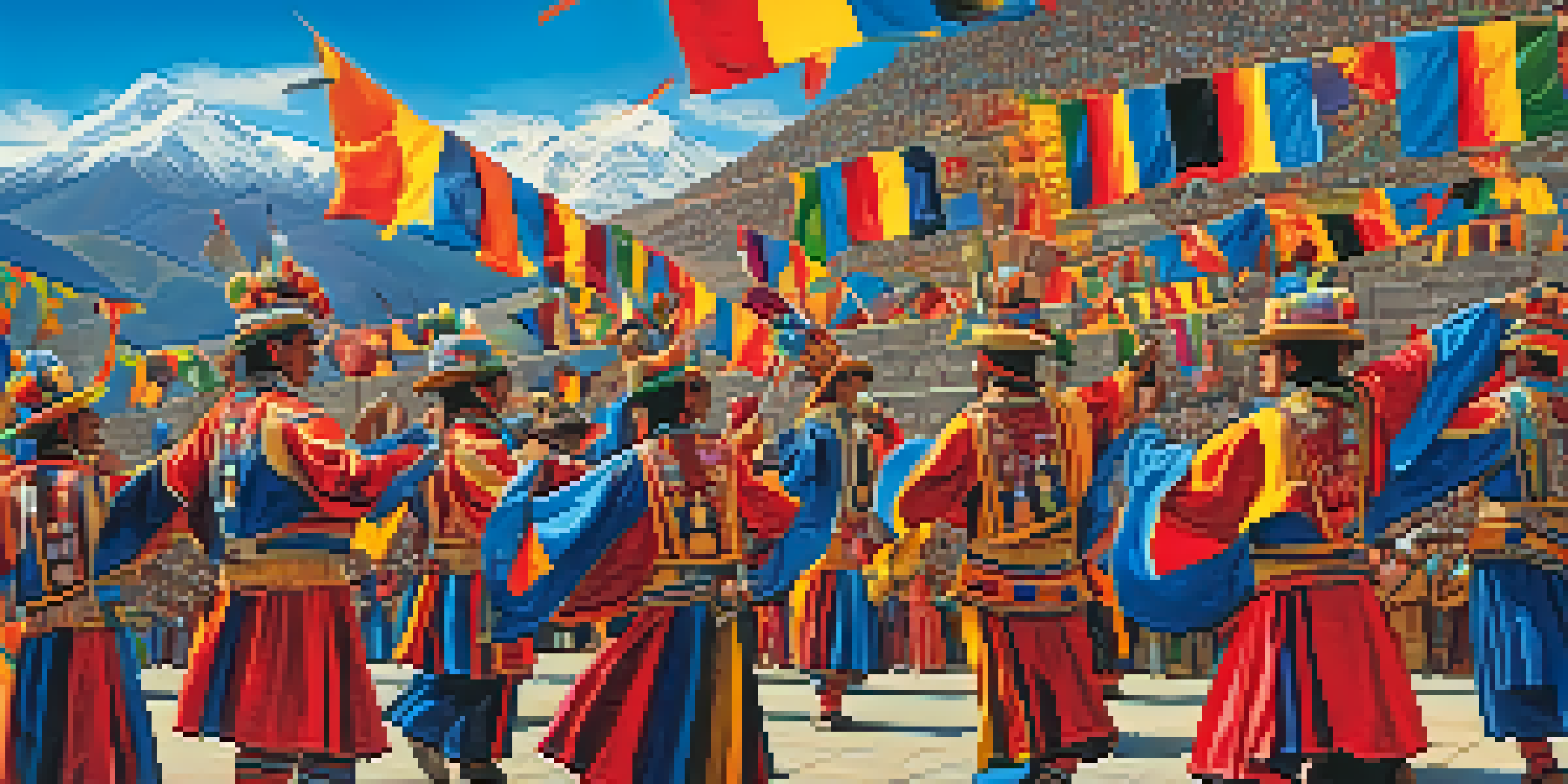 Performers in colorful costumes celebrate the Inti Raymi festival in Cusco, surrounded by the Andes mountains.