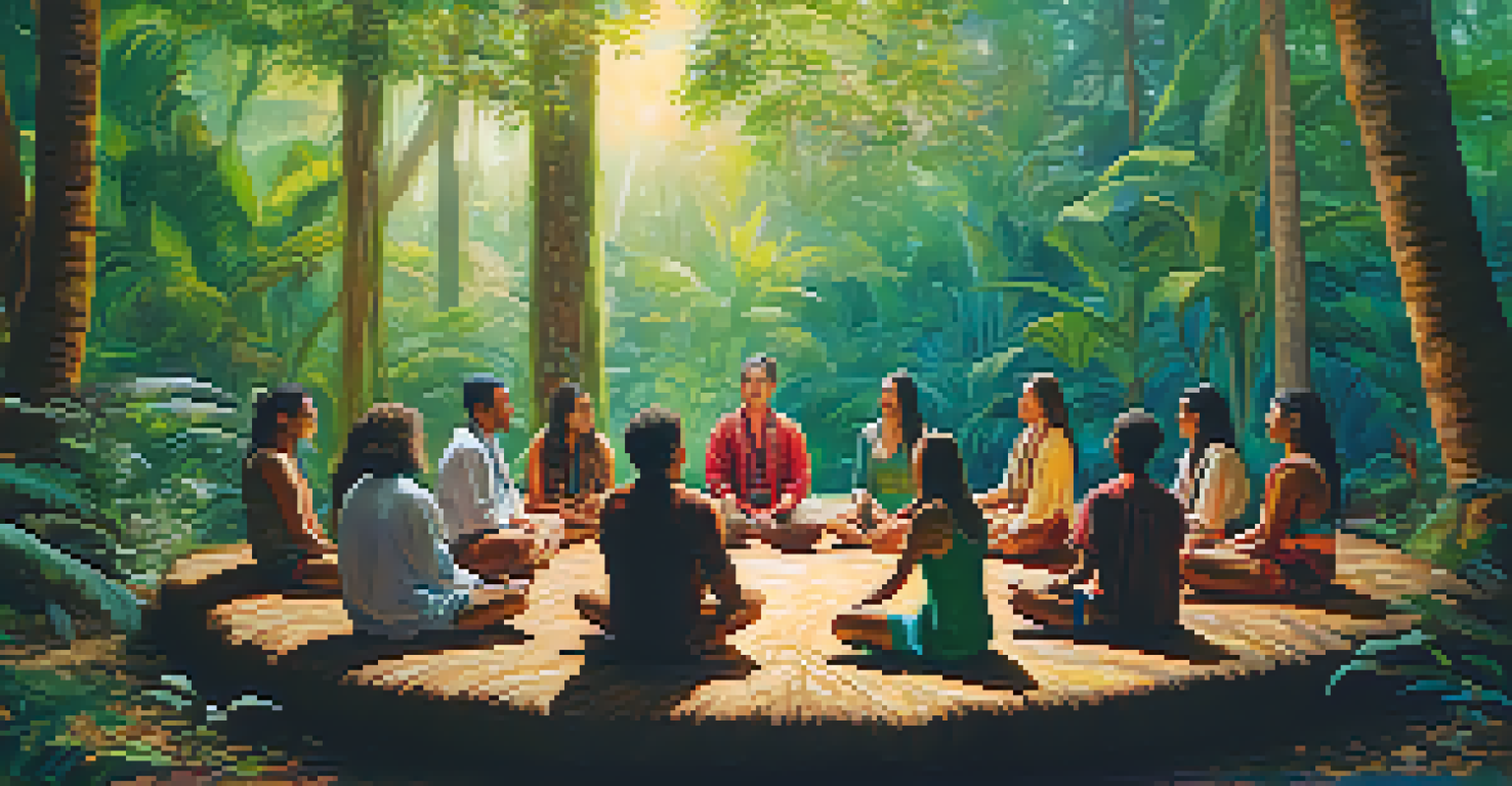 A diverse group of individuals in a circle during an Ayahuasca ceremony, surrounded by nature.