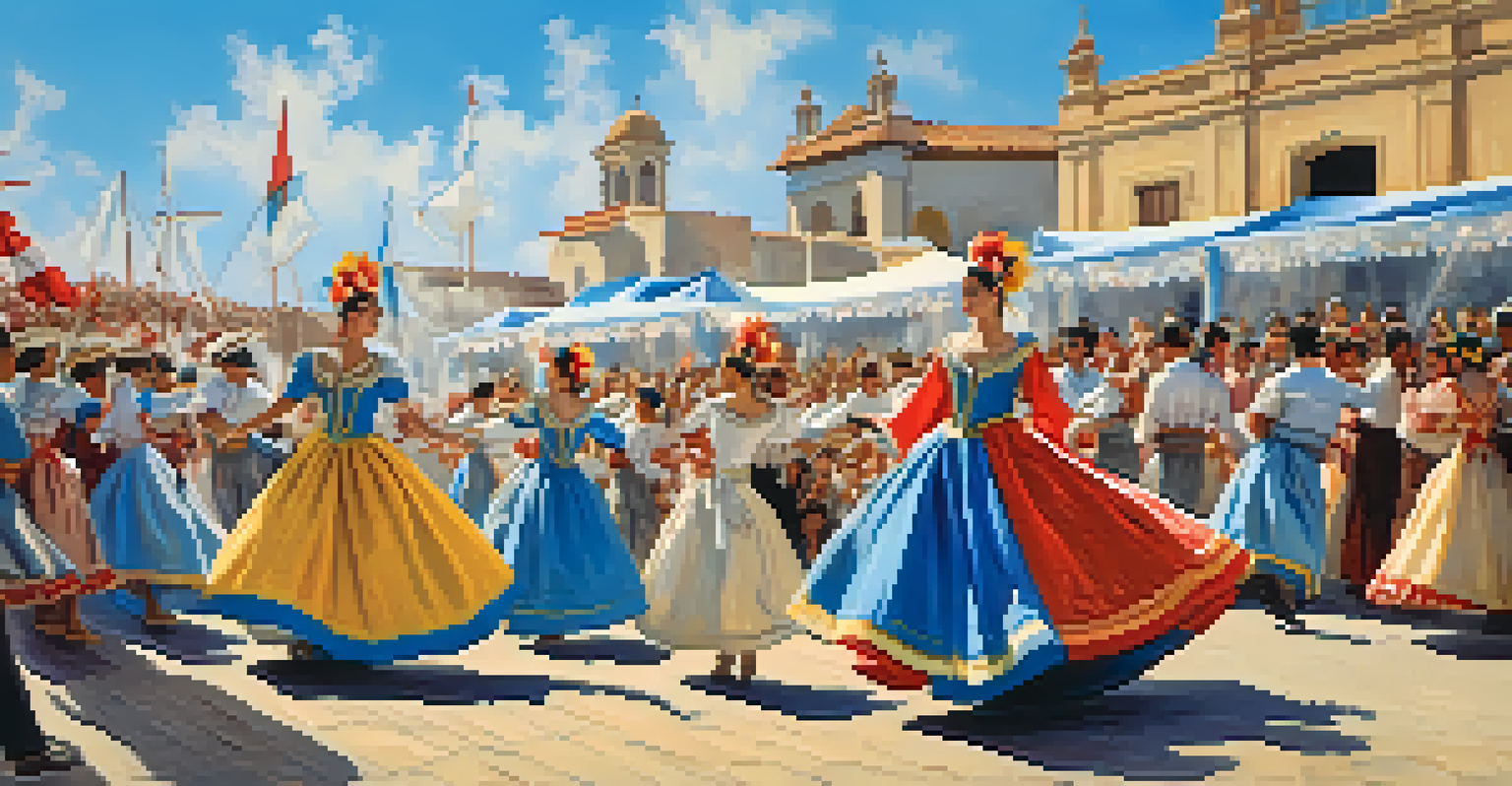 Dancers performing the Marinera dance during the Festival de la Marinera in Trujillo, with spectators enjoying the performance under a blue sky.