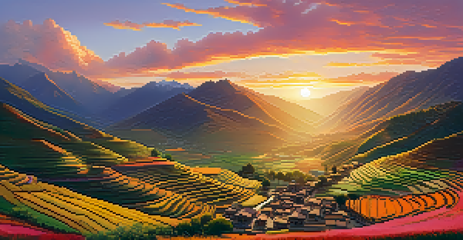 A scenic view of the Sacred Valley at sunrise, featuring terraced fields, local farmers, and colorful mountains.