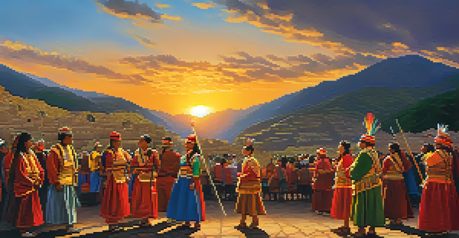 Locals in traditional Inca attire participating in the Inti Raymi festival at the Sacsayhuamán ruins in Cusco, Peru, with a sunset backdrop.