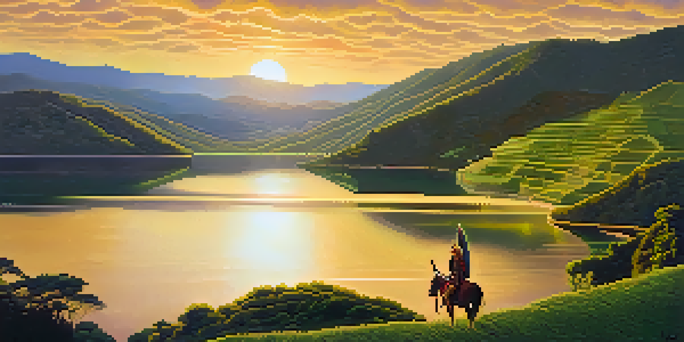 A picturesque view of Lake Guatavita at sunset, with a Muisca chief figure offering gold artifacts by the water's edge, surrounded by lush greenery.