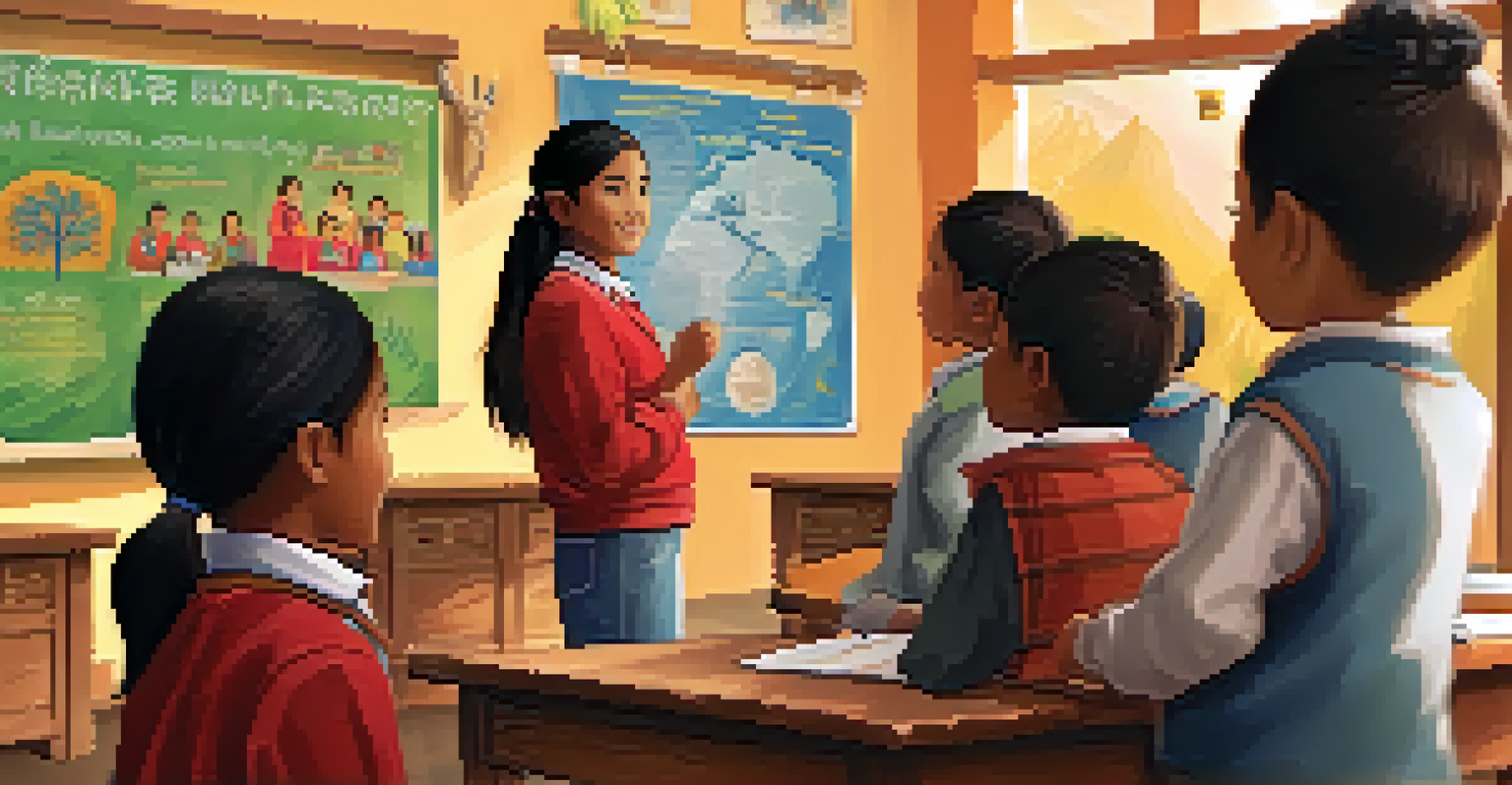 Children learning Quechua in a colorful classroom, engaging with educational materials.