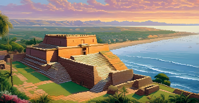A scenic view of the ancient Pachacamac ruins with the Temple of the Sun in the foreground, bathed in soft morning light.
