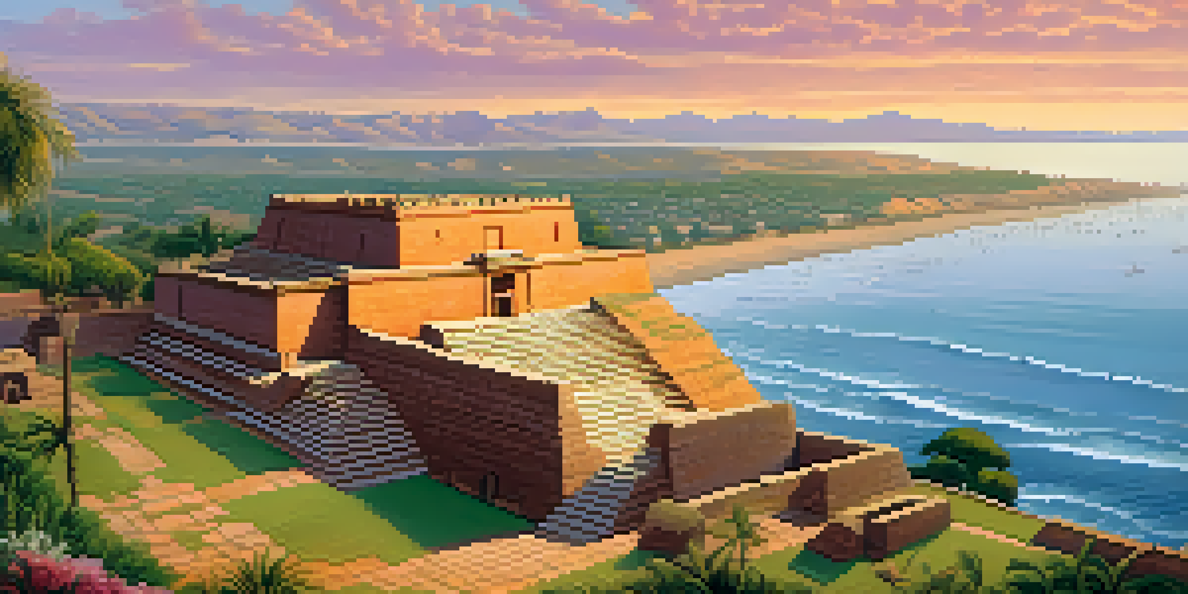 A scenic view of the ancient Pachacamac ruins with the Temple of the Sun in the foreground, bathed in soft morning light.