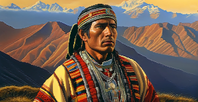 A proud portrait of Túpac Amaru II in traditional Andean clothing, standing on a mountain peak with the sunset behind him.
