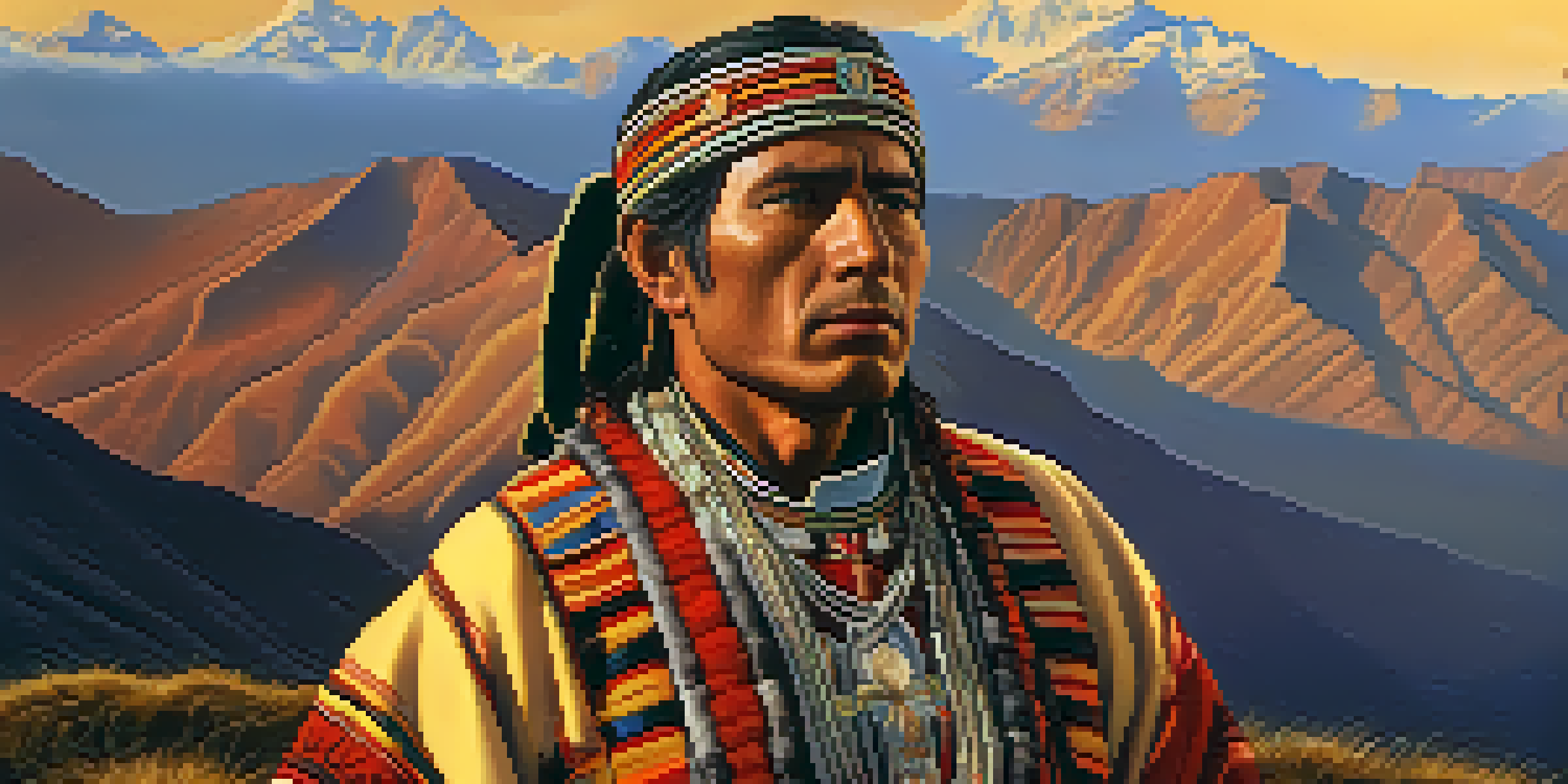 A proud portrait of Túpac Amaru II in traditional Andean clothing, standing on a mountain peak with the sunset behind him.