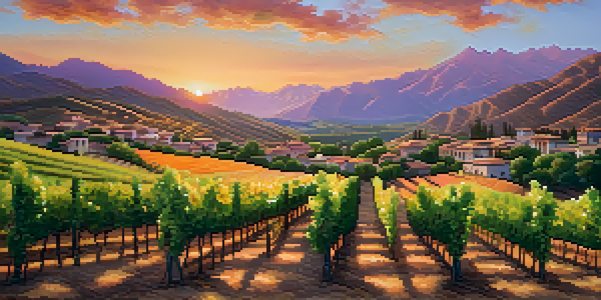 A sunset view of a vineyard in the Ica Valley, with grapevines and mountains in the background.