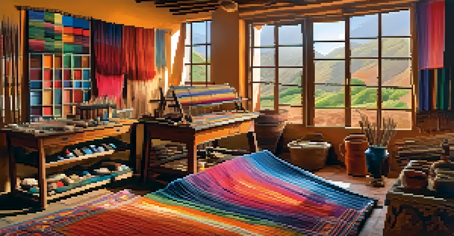 An artist's studio showcasing traditional Peruvian art supplies and vibrant textiles.