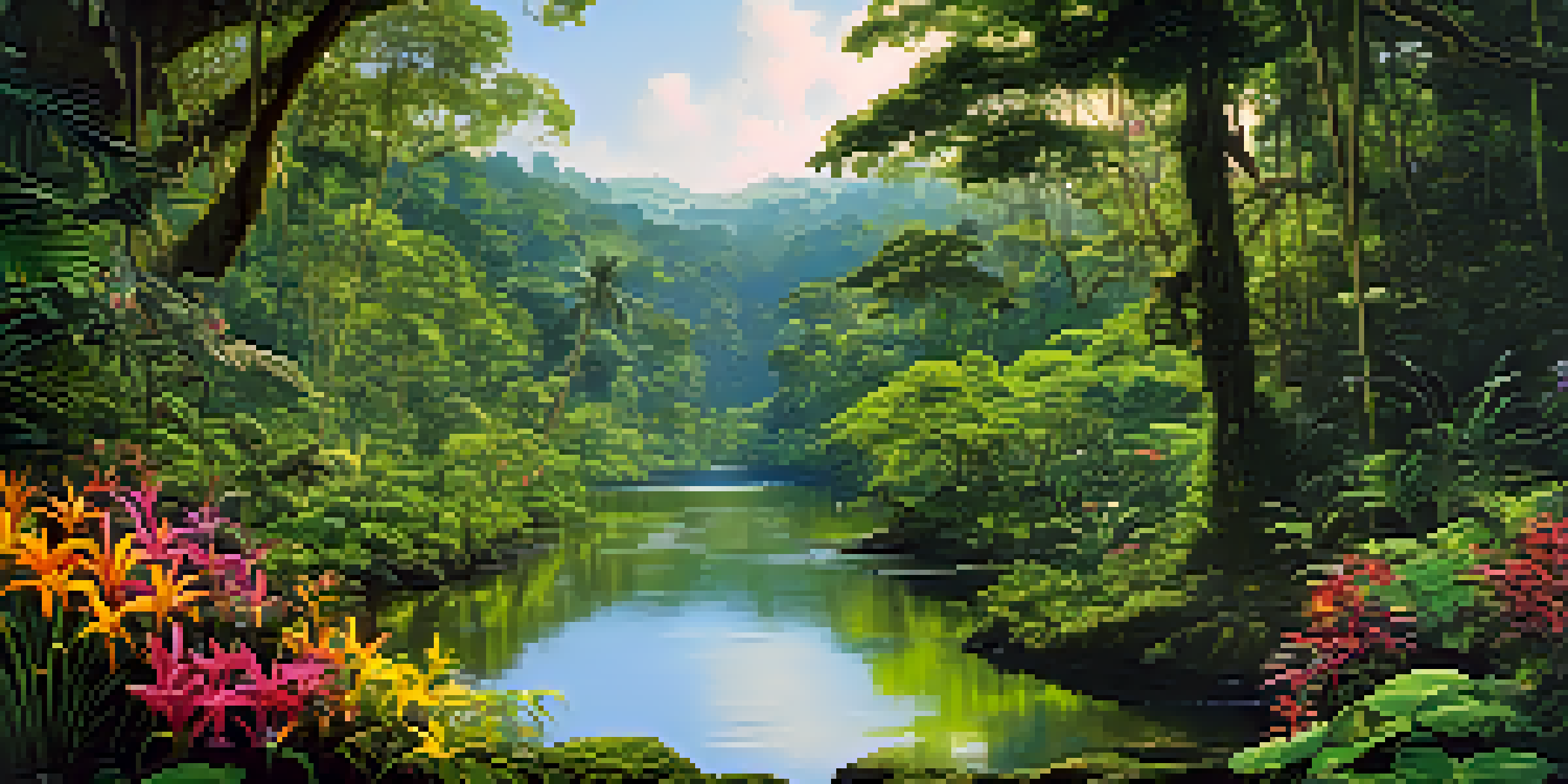 A vibrant Amazon rainforest scene with lush green trees, colorful flowers, and a small reflective stream under dappled sunlight.