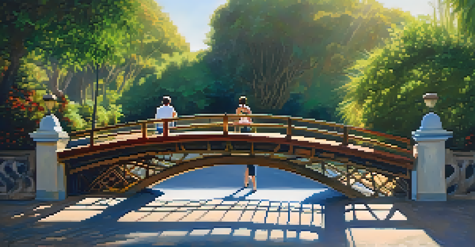 The iconic wooden Puente de los Suspiros bridge in Barranco, surrounded by greenery, with couples walking under soft sunlight.