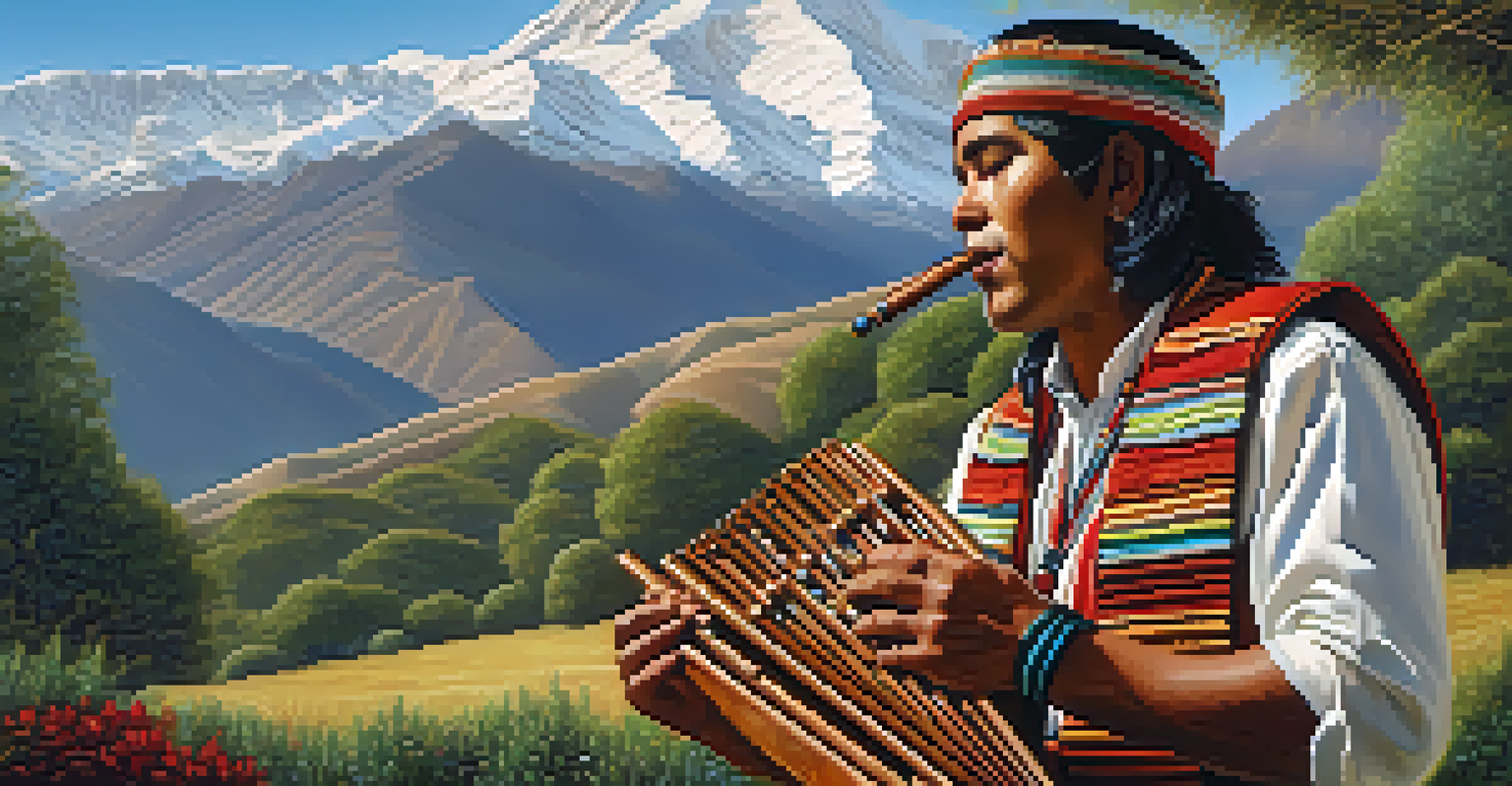 A musician playing a pan flute in traditional Andean attire against the backdrop of the Andes Mountains, with sunlight filtering through trees.