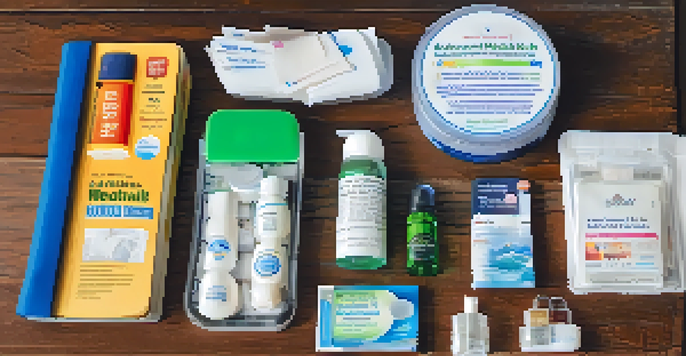 A travel health kit containing various health supplies arranged on a table with a globe and travel guide in the background.