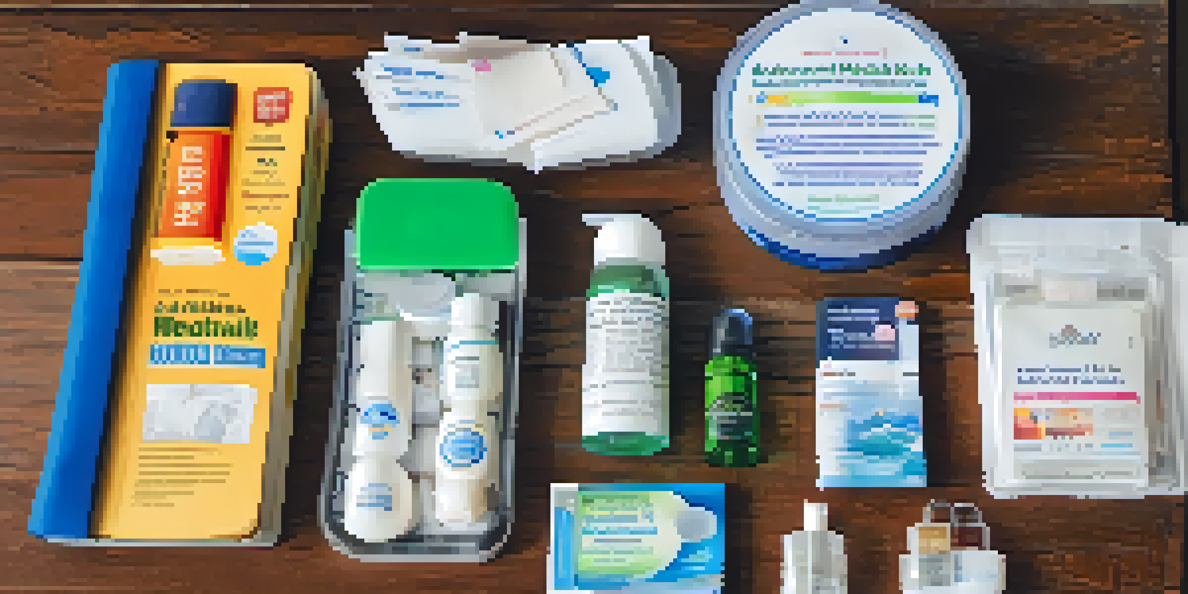 A travel health kit containing various health supplies arranged on a table with a globe and travel guide in the background.