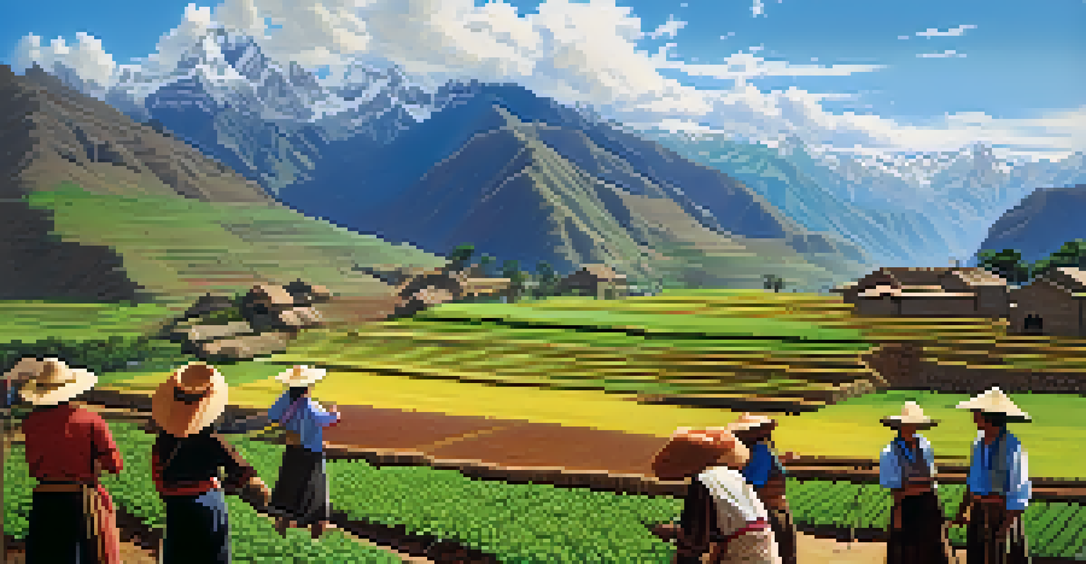 Travelers participating in an agricultural workshop in the Sacred Valley, surrounded by terraced fields and the Andes mountains.