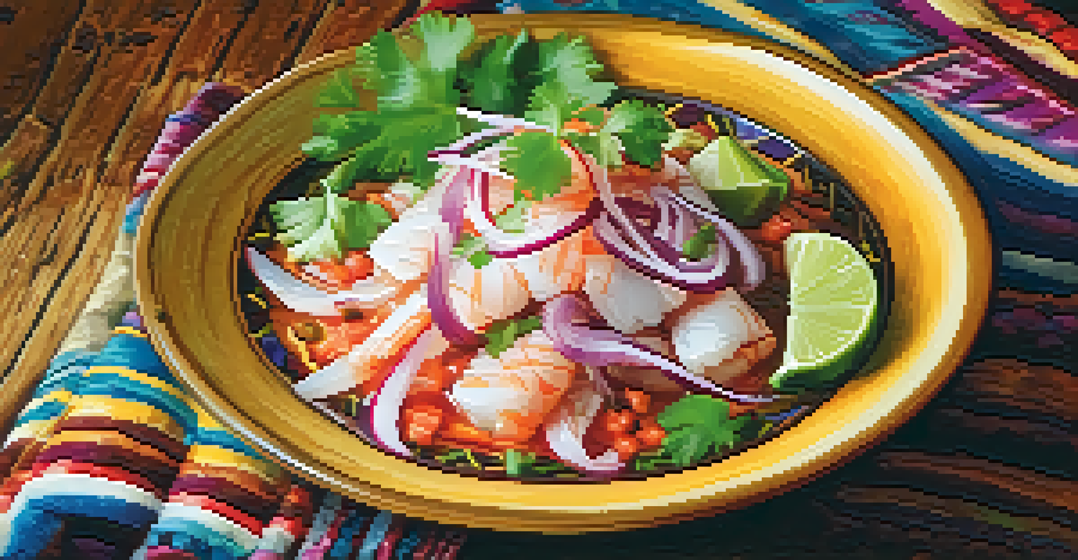 A close-up view of a plate of ceviche, showcasing fresh fish, lime, cilantro, and red onion, set against colorful Peruvian textiles.