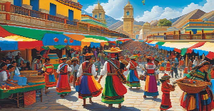 A lively cultural festival in Peru with artisans showcasing crafts, colorful decorations, and volunteers interacting with locals.