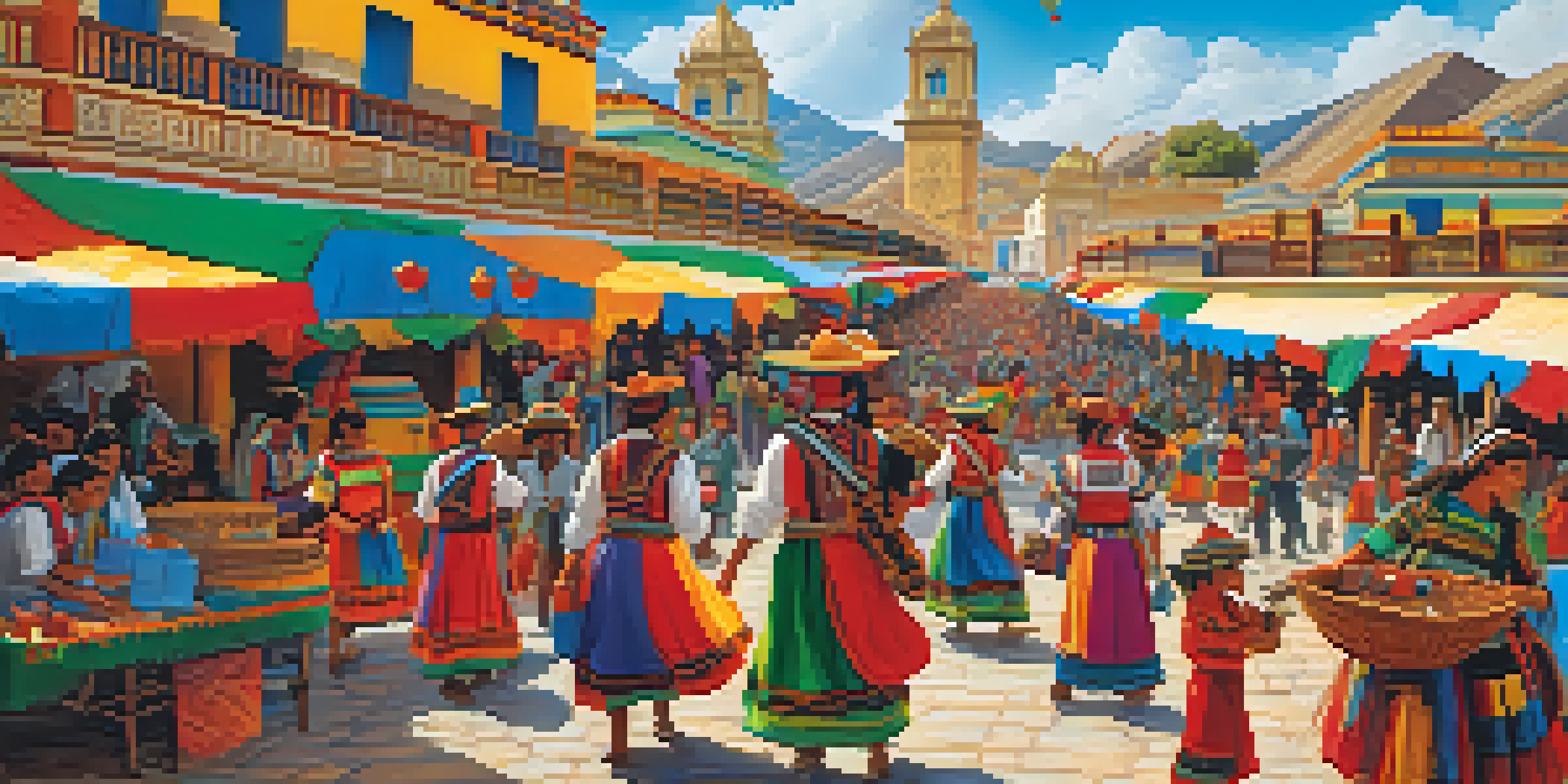 A lively cultural festival in Peru with artisans showcasing crafts, colorful decorations, and volunteers interacting with locals.