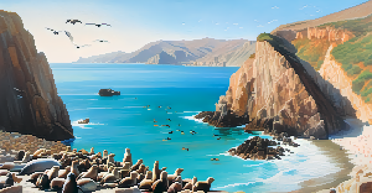 A lively coastal scene at Ballestas Islands with sea lions on rocks and seabirds nesting in cliffs, surrounded by turquoise ocean waters.
