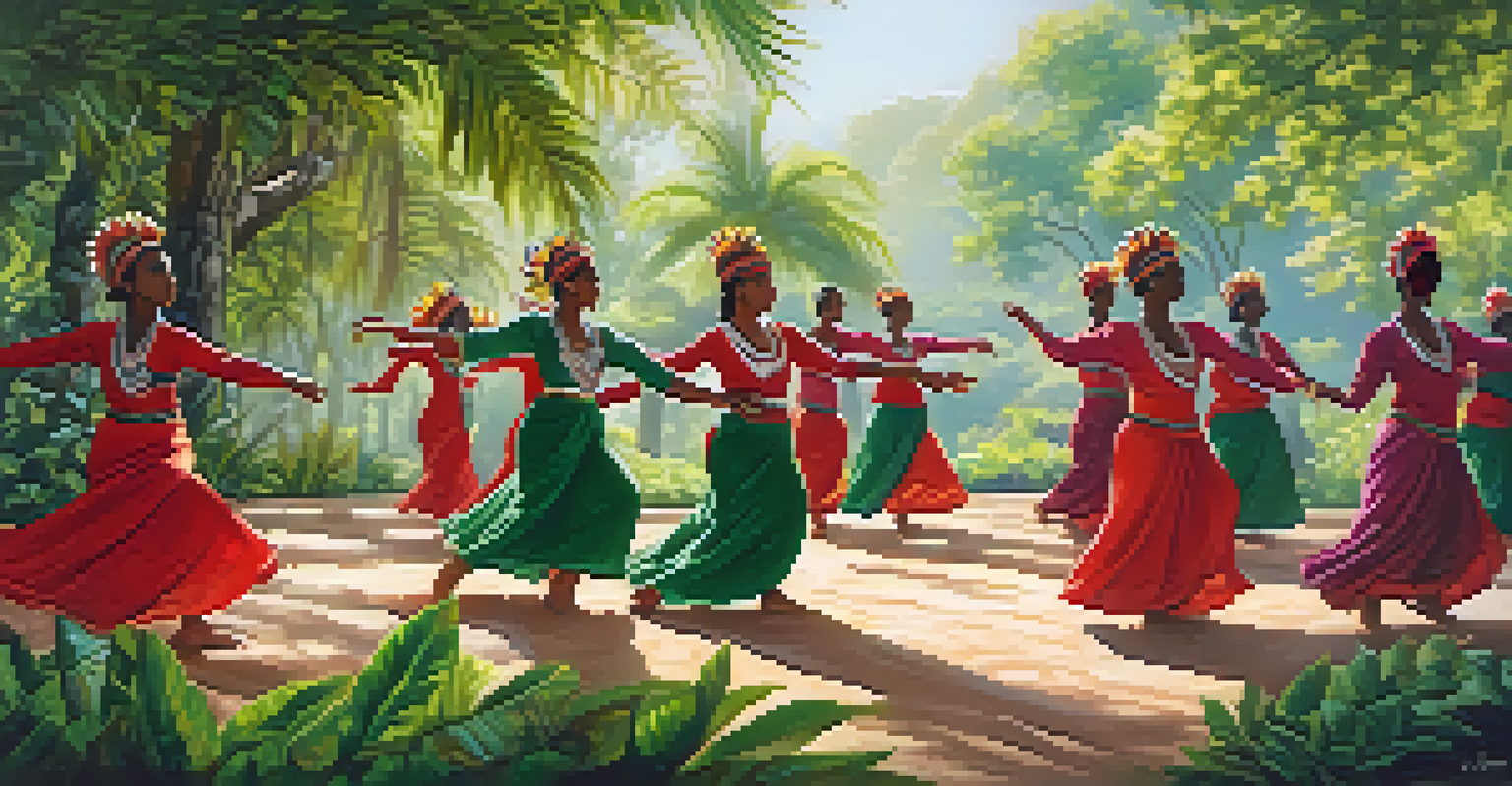 Dancers in traditional attire performing the Q'umba dance in a tranquil outdoor setting surrounded by greenery, embodying themes of reflection and connection to nature.